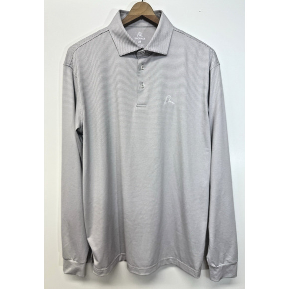 Rhoback Mens Medium Performance Polo Shirt Long Sleeve Gray Striped Golf Dog - Picture 1 of 11